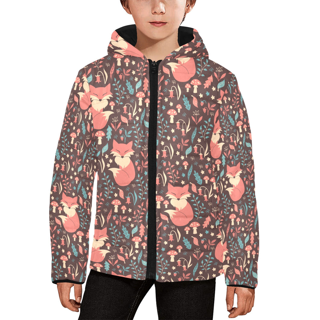 fox leaves mushroom pattern Kids' Boys' Girls' Padded Hooded Jacket