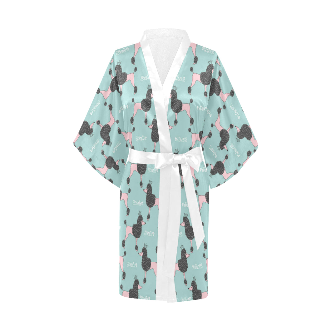 poodle dog green background Women's Short Kimono Robe