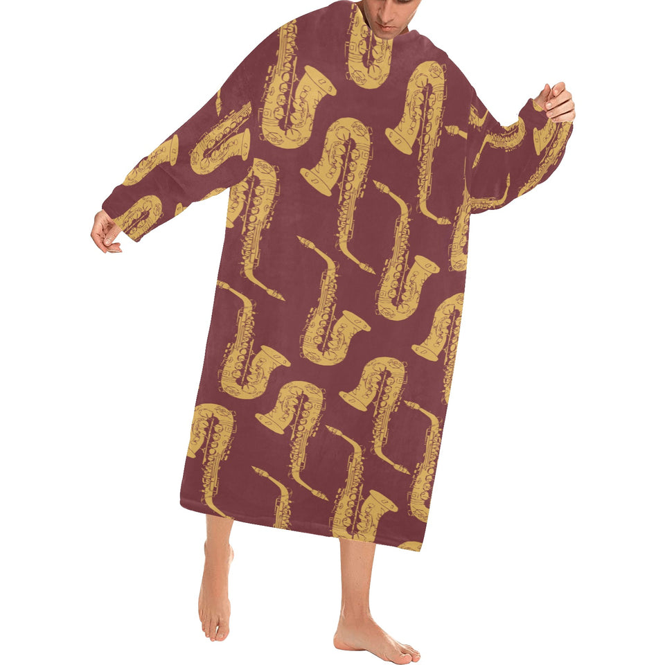 Hand drawn gold saxophone red background Blanket Robe with Sleeves