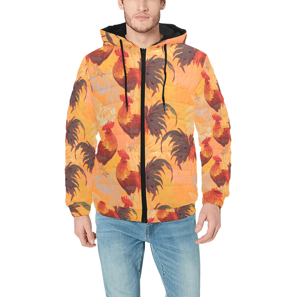 red rooster chicken cock pattern Men's Padded Hooded Jacket