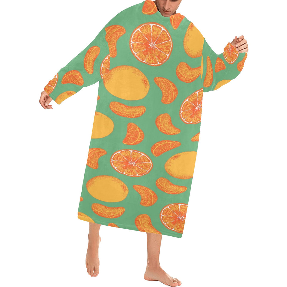 orange fruit pattern green background Blanket Robe with Sleeves