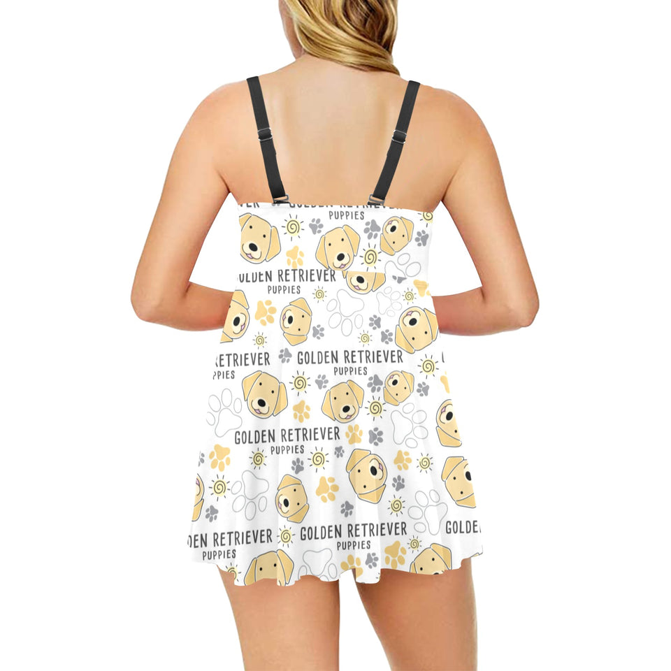 Golden Retriever Pattern Print Design 04 Chest Sexy Pleated Two Piece Swim Dress