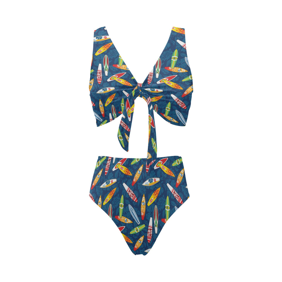 Surfboard Pattern Print Design 01 Chest Bowknot High Waisted Bikini Swimsuit