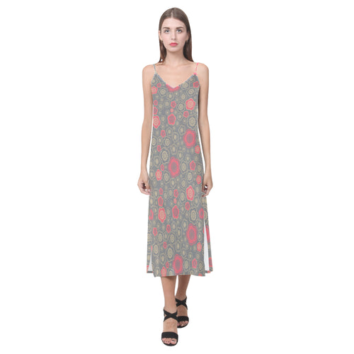 Red gold Sakura cherry blossom gray background V-Neck Open Fork Long Dress