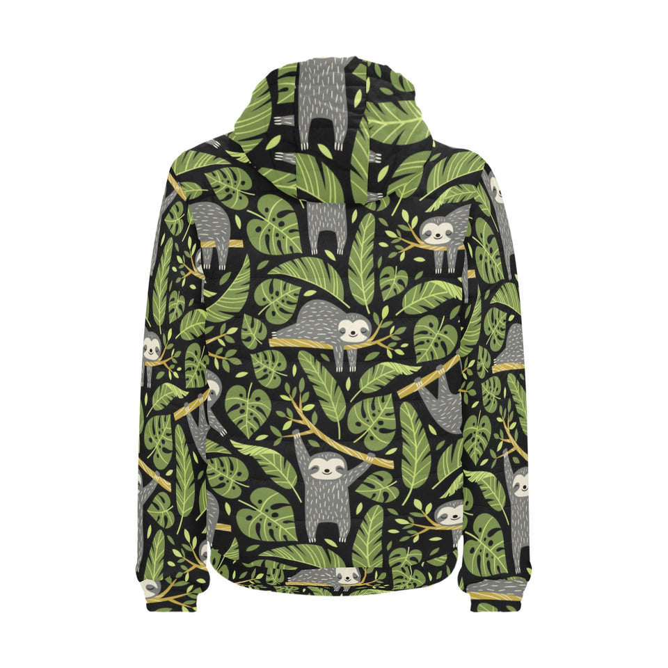 Cute sloths tropical palm leaves black background Men's Padded Hooded Jacket