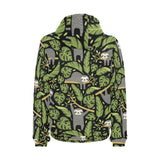 Cute sloths tropical palm leaves black background Men's Padded Hooded Jacket
