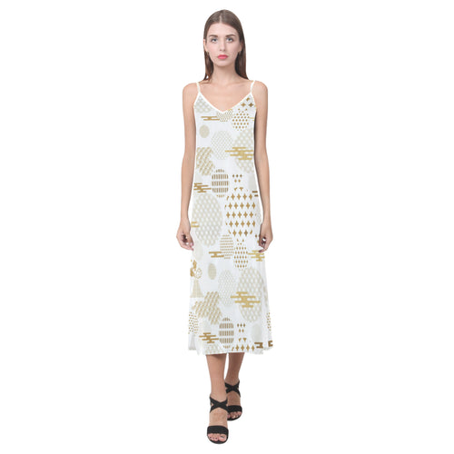 Beautiful gold japanese pattern V-Neck Open Fork Long Dress