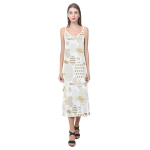 Beautiful gold japanese pattern V-Neck Open Fork Long Dress