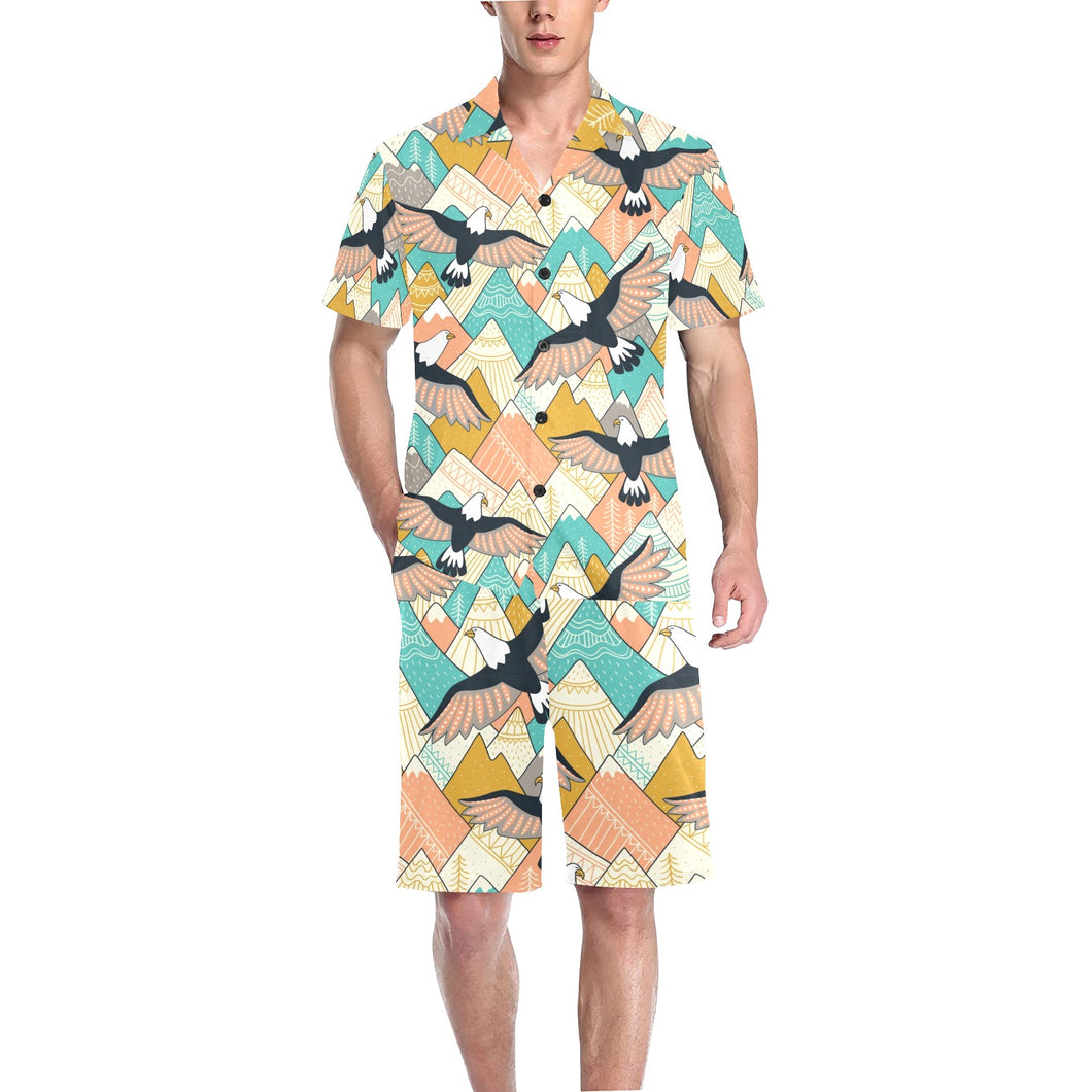 Eagle Pattern Print Design 02 Men's V-Neck Short Pajama Set