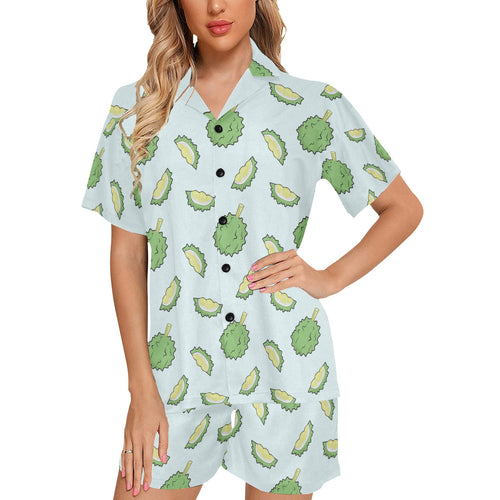 Durian pattern blue background Women's V-Neck Short Pajama Set