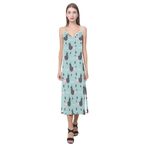 poodle dog green background V-Neck Open Fork Long Dress