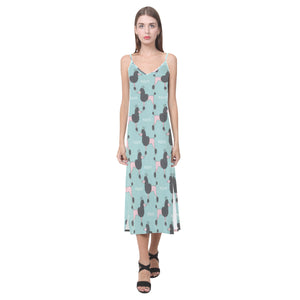 poodle dog green background V-Neck Open Fork Long Dress