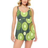 Whole sliced kiwi leave and flower Chest Sexy Pleated Two Piece Swim Dress