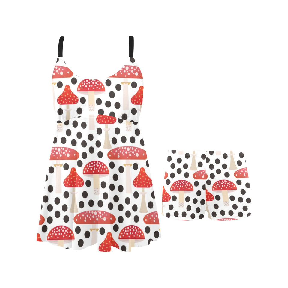 Red mushroom dot pattern Chest Sexy Pleated Two Piece Swim Dress