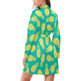 Pineapples pattern green background Women's Long Sleeve Belted Night Robe