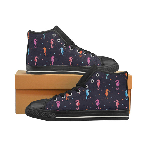 Watercolor colorful seahorse pattern Women's High Top Canvas Shoes Black