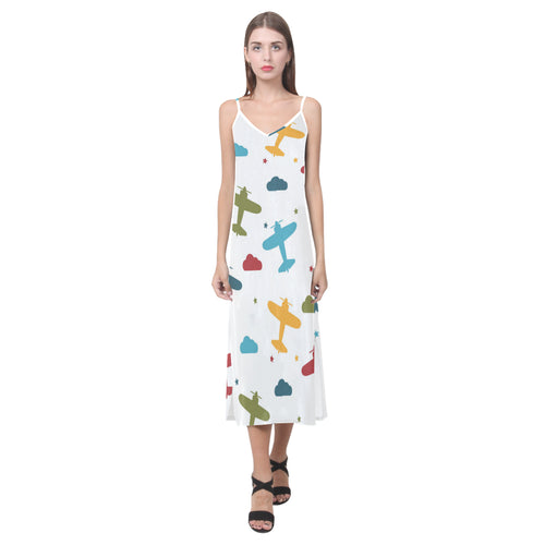 Airplane star cloud colorful V-Neck Open Fork Long Dress