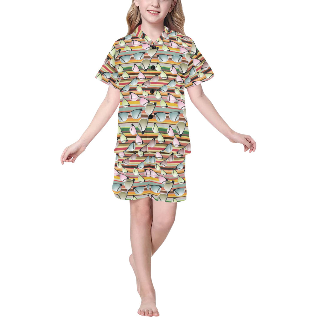 Sun Glasses Pattern Print Design 02 Kids' Boys' Girls' V-Neck Short Pajama Set