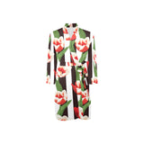red and white tulips pattern Men's Long Sleeve Belted Night Robe