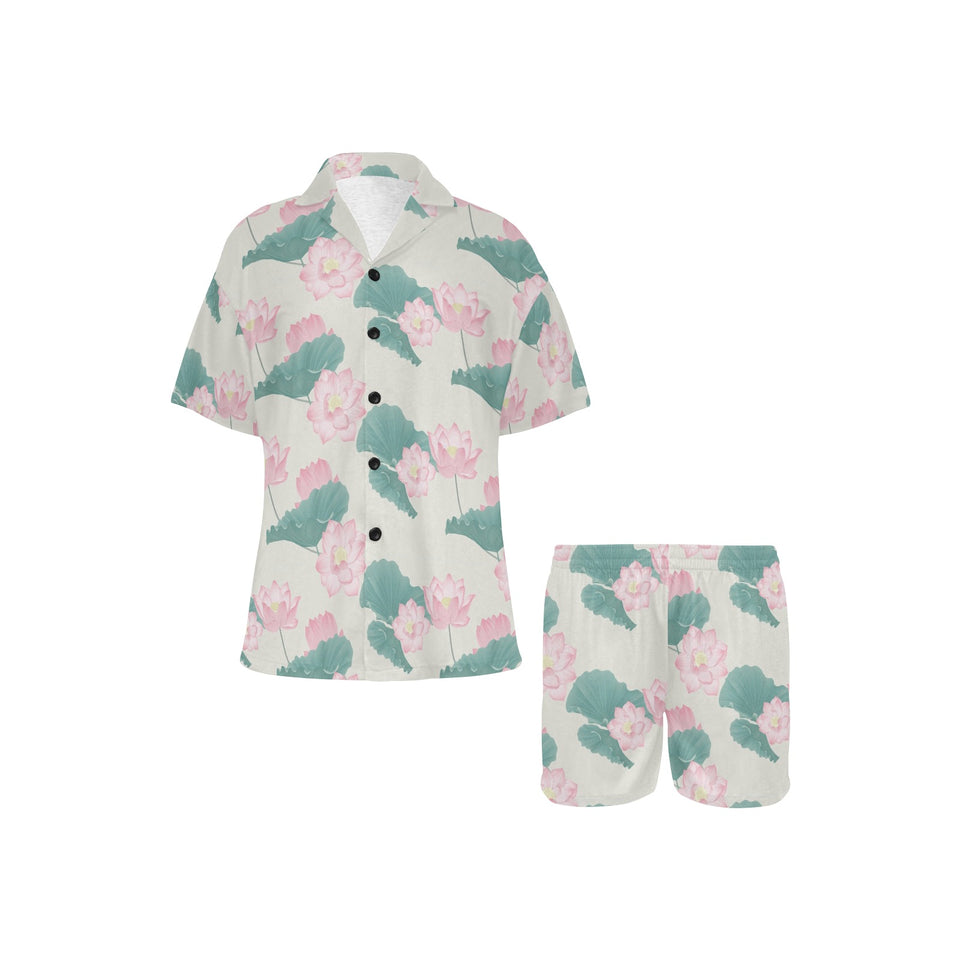 Pink lotus waterlily leaves pattern Women's V-Neck Short Pajama Set
