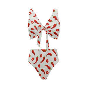 Chili pattern Chest Bowknot High Waisted Bikini Swimsuit