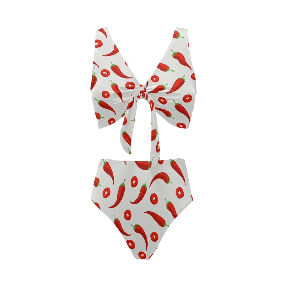 Chili pattern Chest Bowknot High Waisted Bikini Swimsuit