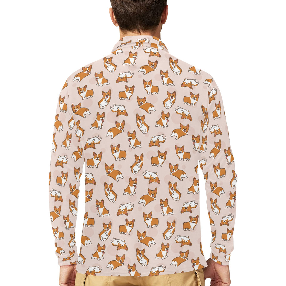 Cute Corgis Pattern pink background Men's Long Sleeve Polo Shirt
