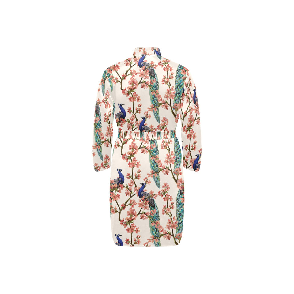 Peacock tropical flower pattern Men's Long Sleeve Belted Night Robe