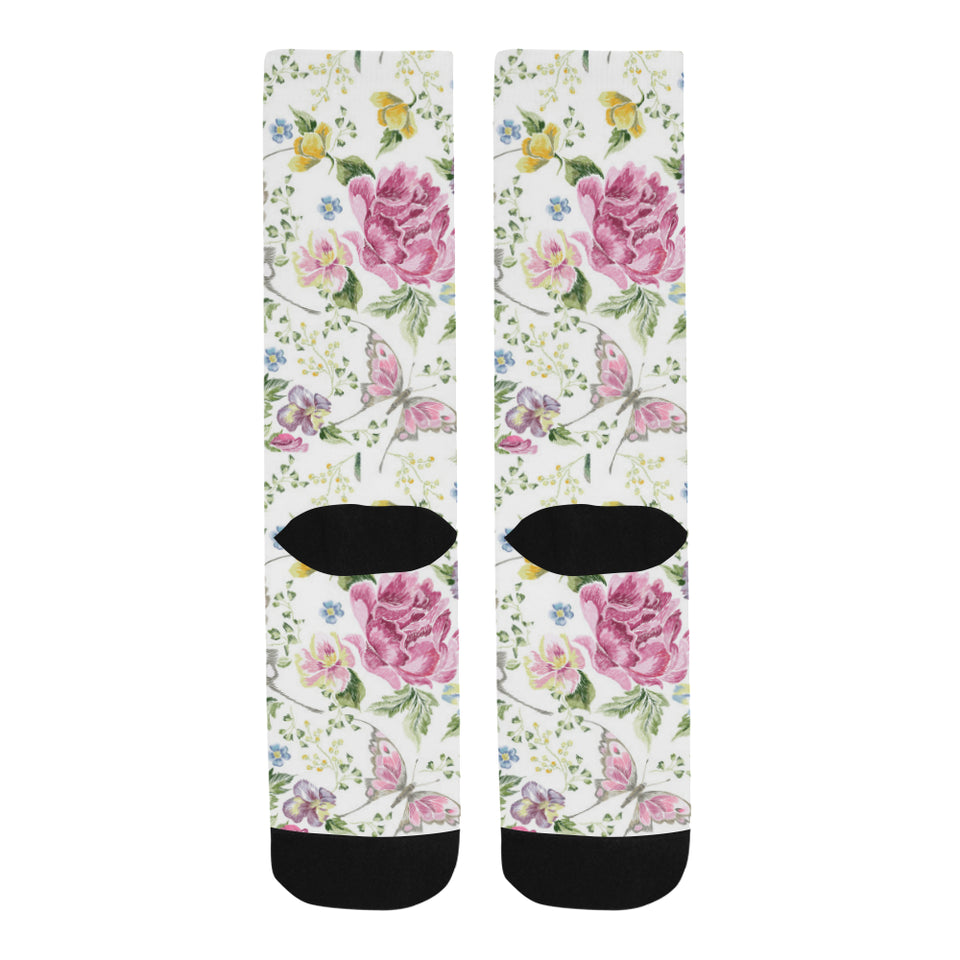 Hand drawn butterfly rose Crew Socks