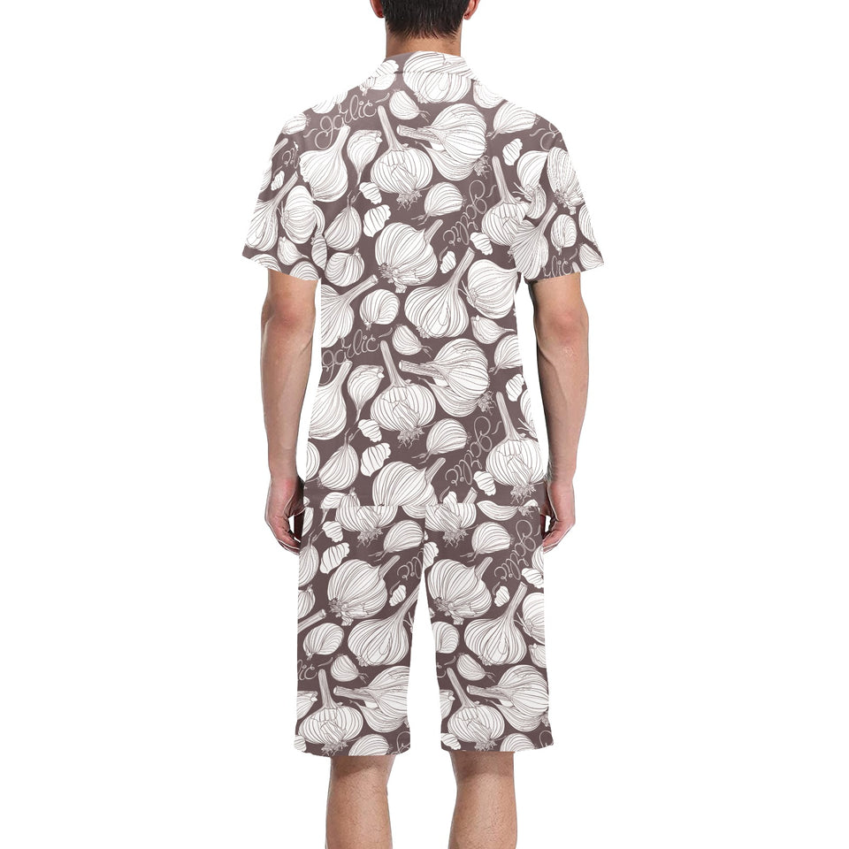 Garlic bulb dark background Men's V-Neck Short Pajama Set