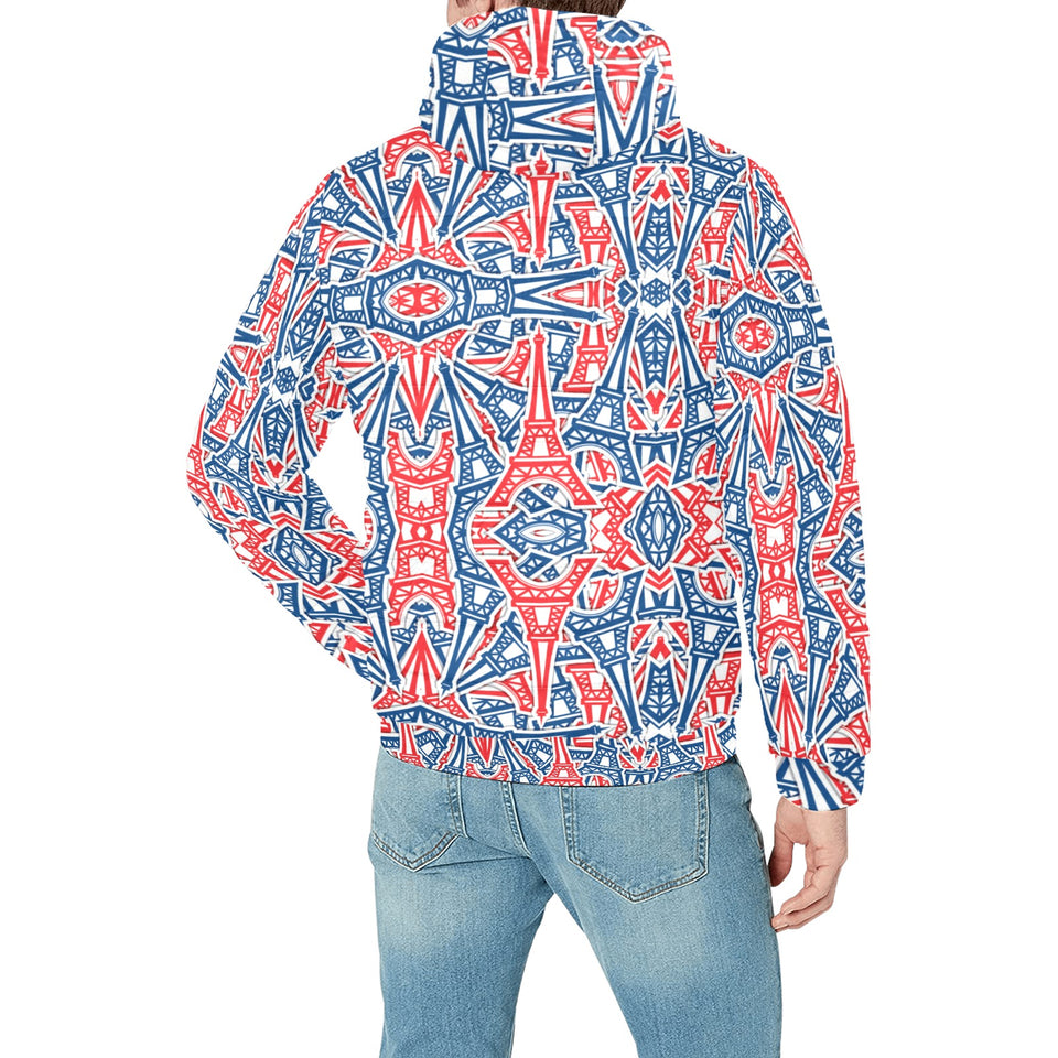 Blue Red Eiffel Tower Pattern Print Design 02 Men's Padded Hooded Jacket