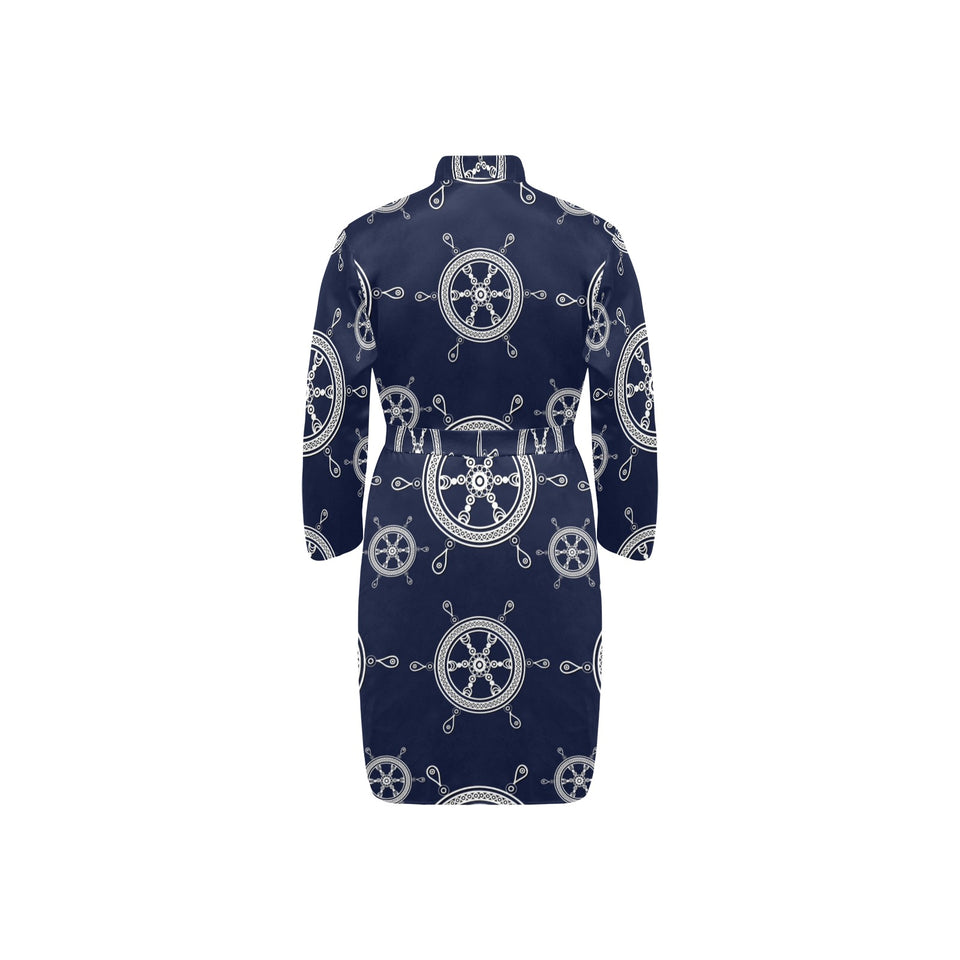 nautical steering wheel design pattern Men's Long Sleeve Belted Night Robe