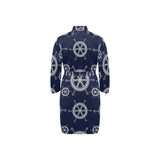 nautical steering wheel design pattern Men's Long Sleeve Belted Night Robe