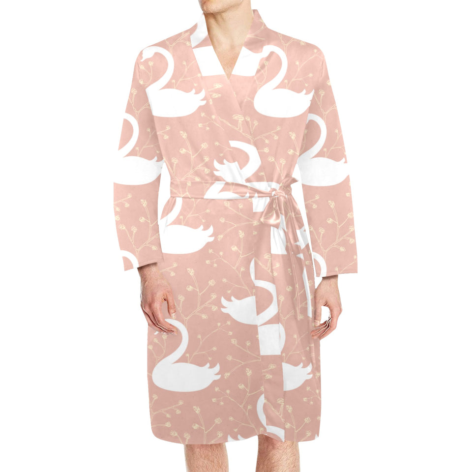 Swan flower light pink background Men's Long Sleeve Belted Night Robe