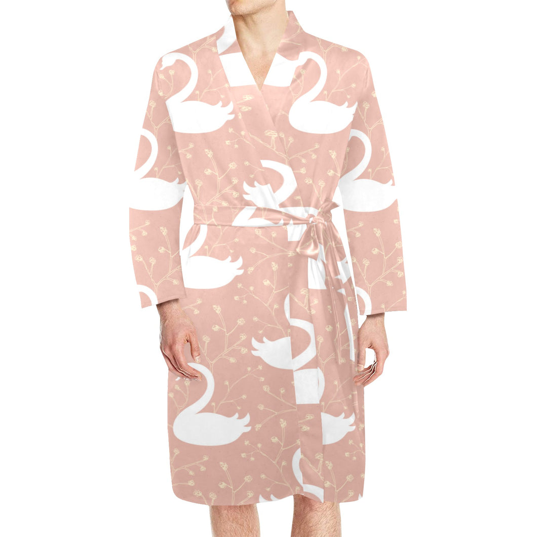 Swan flower light pink background Men's Long Sleeve Belted Night Robe