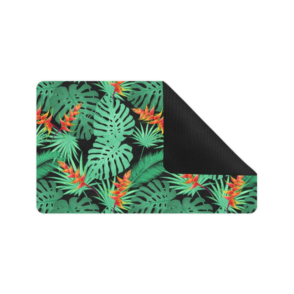 heliconia flower palm monstera leaves black backgr Doormat