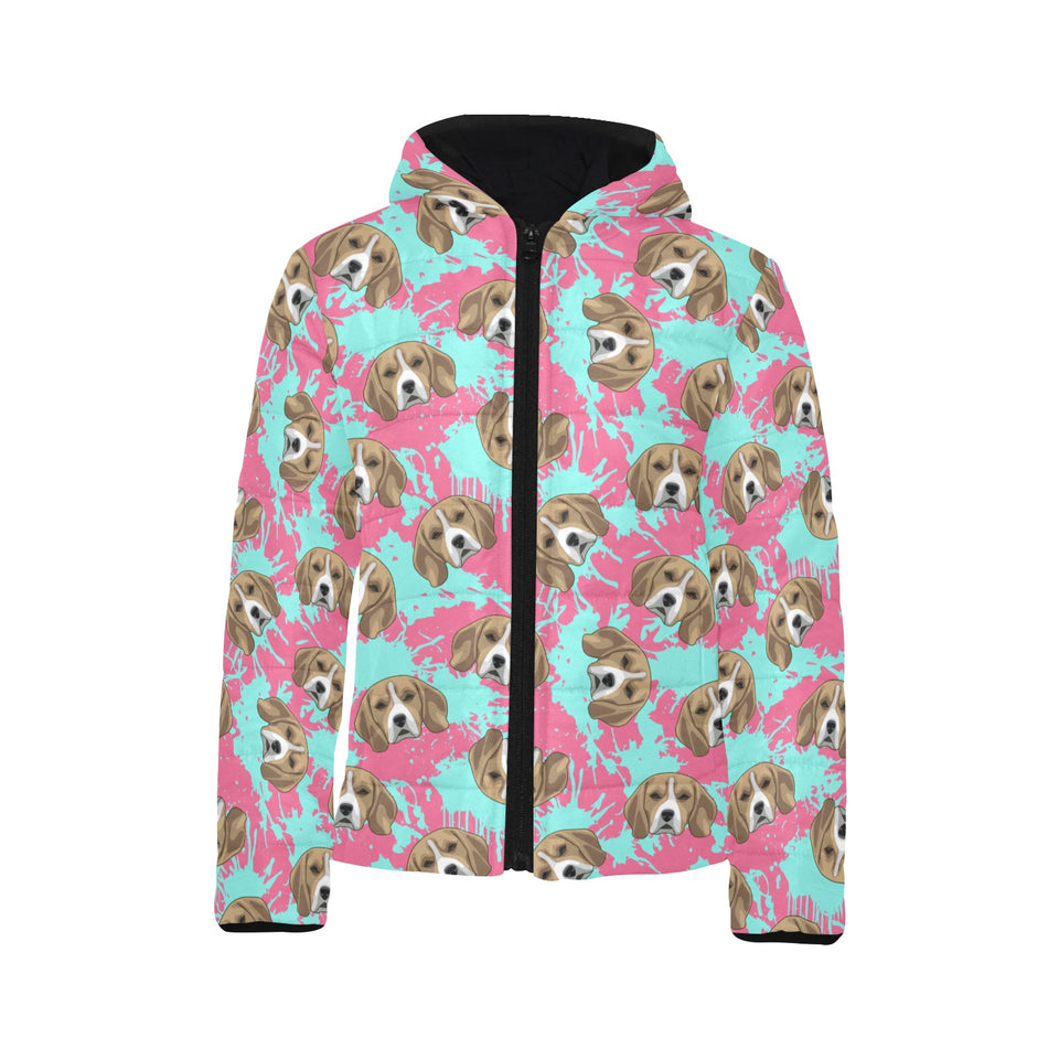 Beagle muzzles turquoise paint splashes pink patte Kids' Boys' Girls' Padded Hooded Jacket