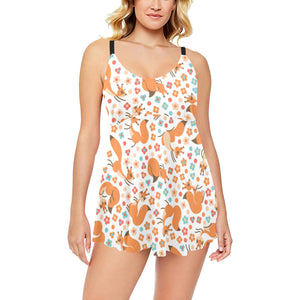 Squirrel Pattern Print Design 05 Chest Sexy Pleated Two Piece Swim Dress