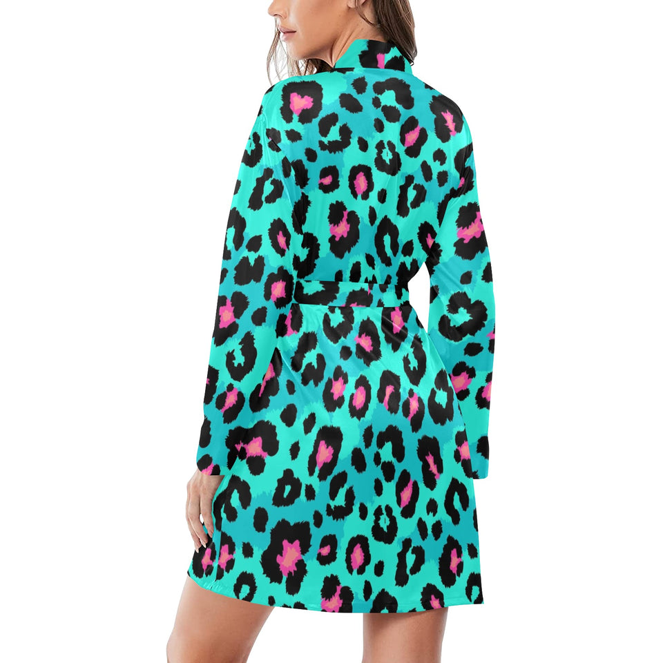 Green leopard skin print pattern Women's Long Sleeve Belted Night Robe