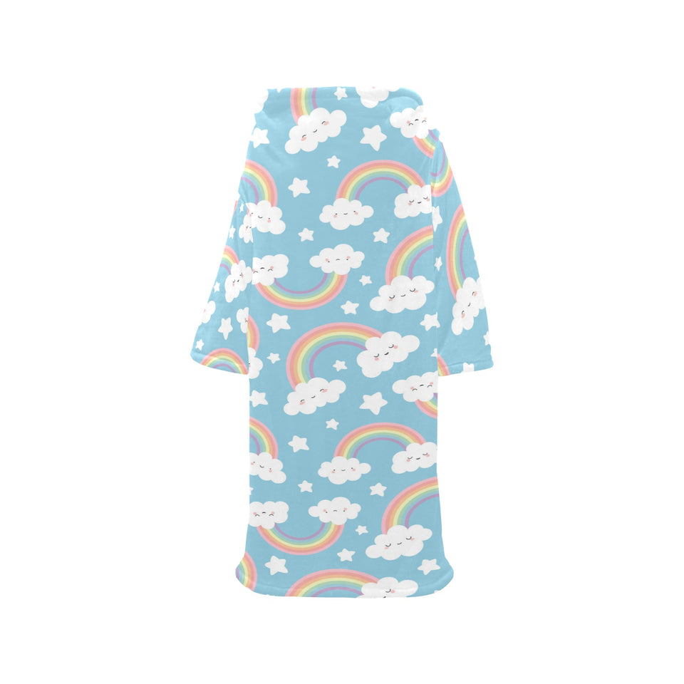 Cute rainbow clound star pattern blue background Blanket Robe with Sleeves