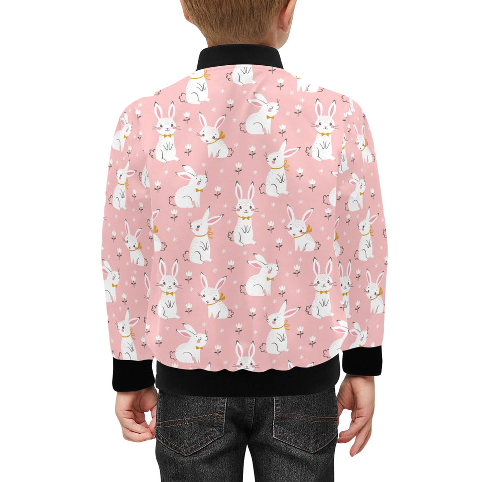 Cute white rabbit flower pink background Kids' Boys' Girls' Bomber Jacket