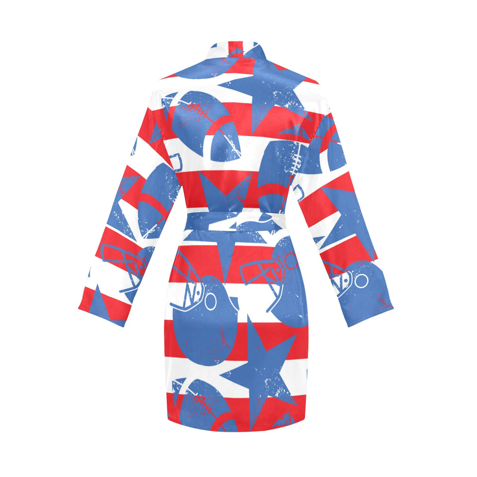 American football ball star stripes pattern Women's Long Sleeve Belted Night Robe