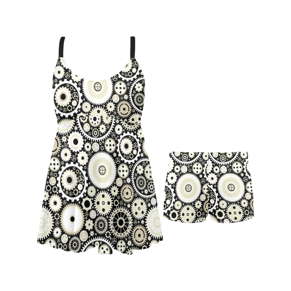Gear Pattern Print Design 02 Chest Sexy Pleated Two Piece Swim Dress