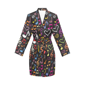 Music Notes Pattern Print Design 02 Women's Long Sleeve Belted Night Robe