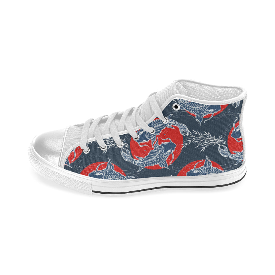 Koi Fish Carp Fishs hand drawn japanese art Women's High Top Canvas Shoes White