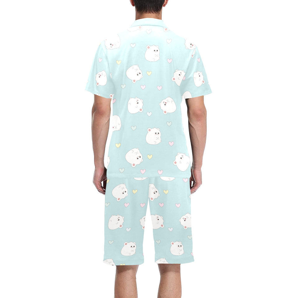 White cute hamsters heart pattern Men's V-Neck Short Pajama Set