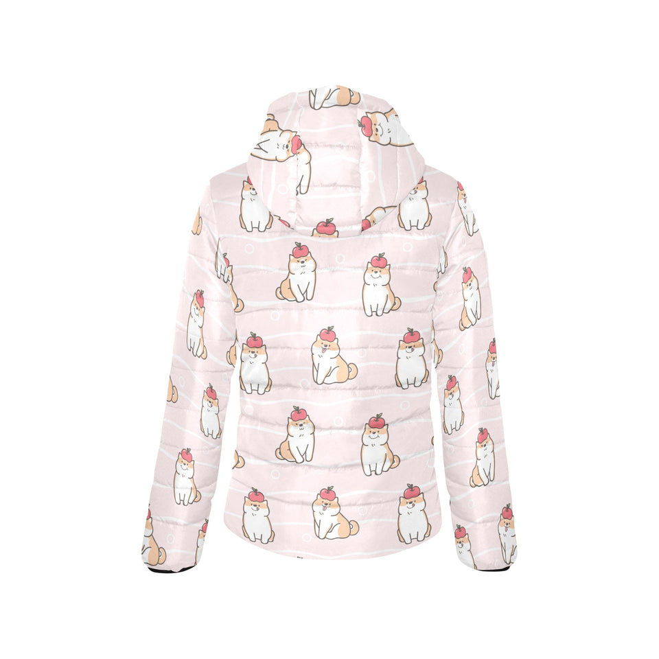 Cute Shiba Inu Dog Apple pattern Women's Padded Hooded Jacket