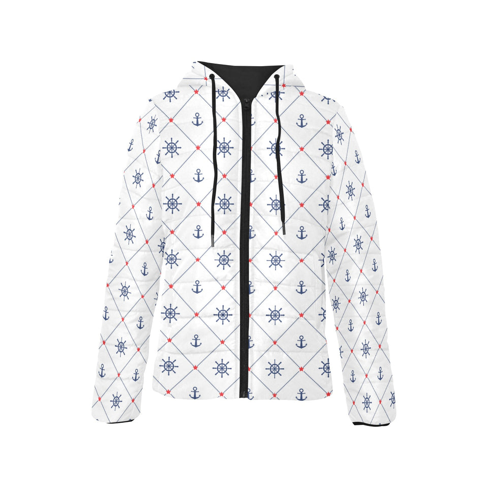 Anchor rudder nautical design pattern Women's Padded Hooded Jacket