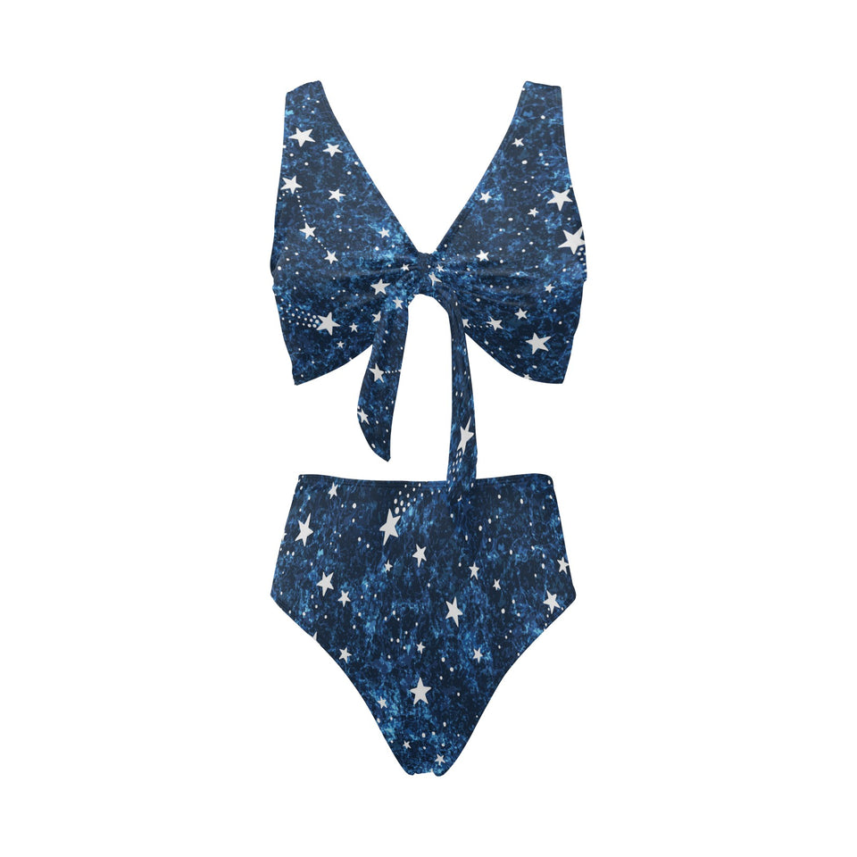Night sky star pattern Chest Bowknot High Waisted Bikini Swimsuit