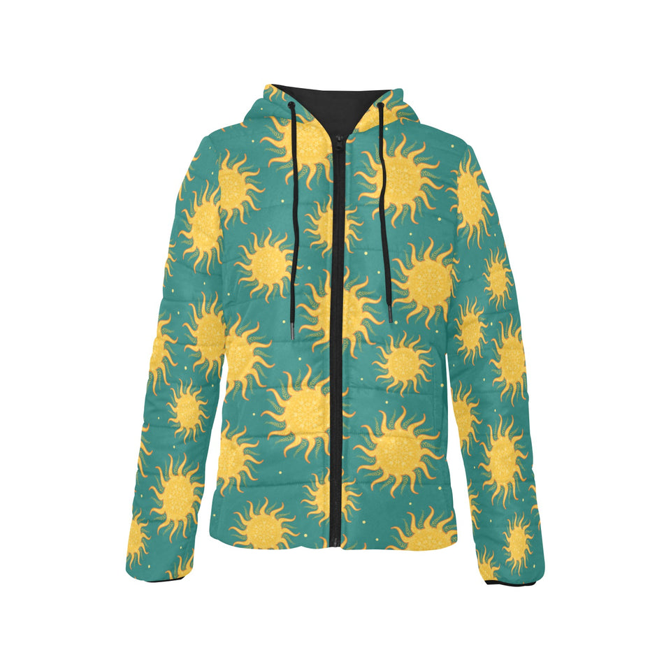 Sun green background Women's Padded Hooded Jacket